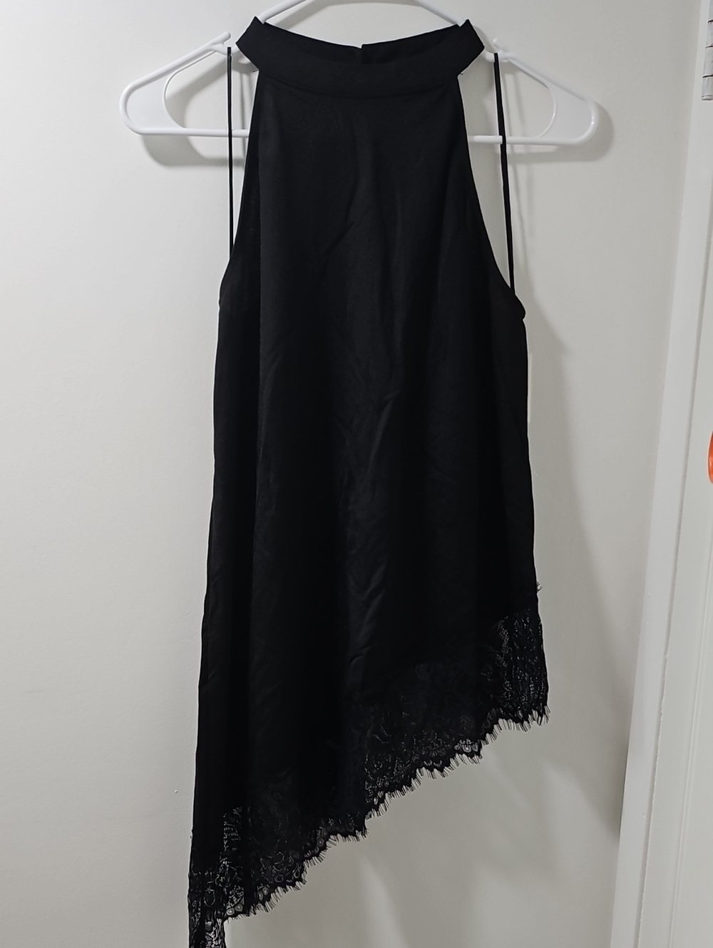 Harlow Black Asymmetrical Halter Top with Lace Hem Size Smal NWT